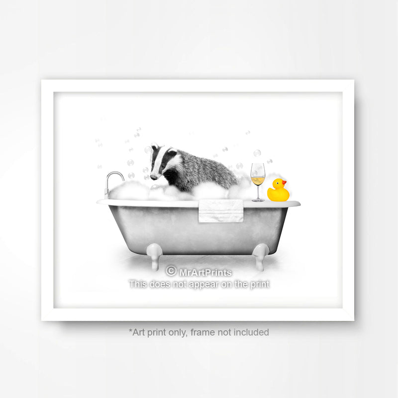 Badger in the Bath Black and White Bathroom Animal Art Print Poster