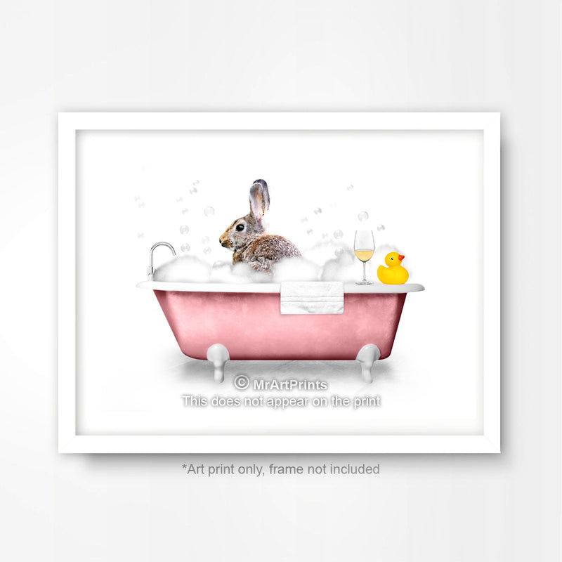 Pink Bunny Rabbit in the Bath Bathroom Animal Art Print Poster