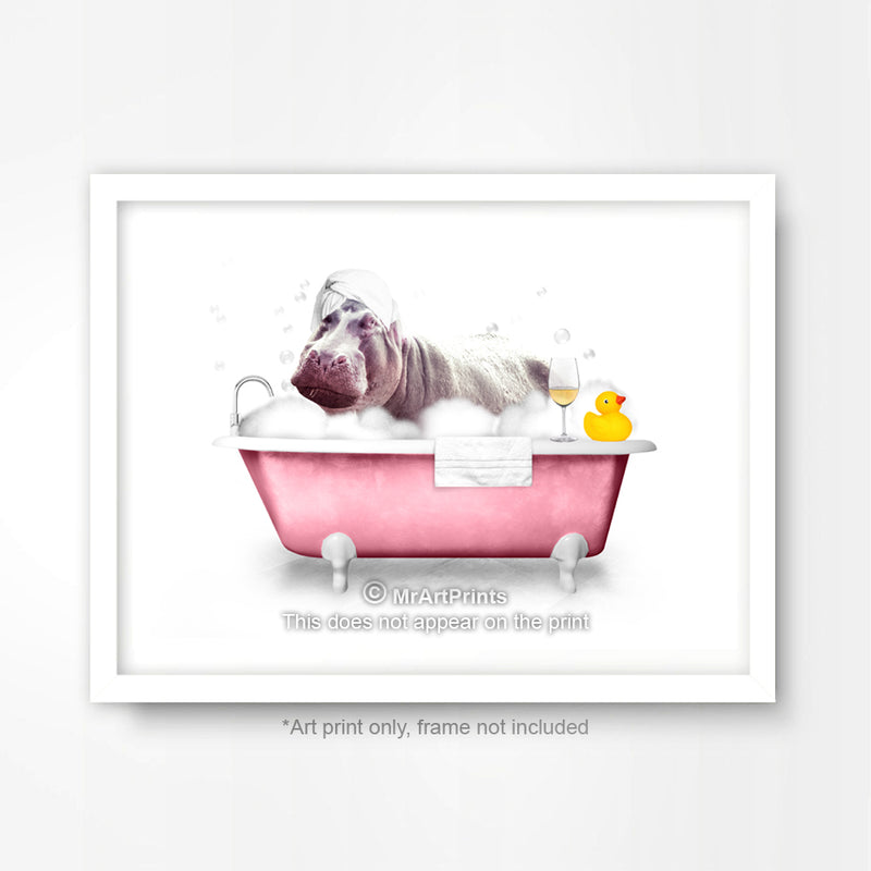 Pink Hippo in the Bath Bathroom Animal Art Print Poster