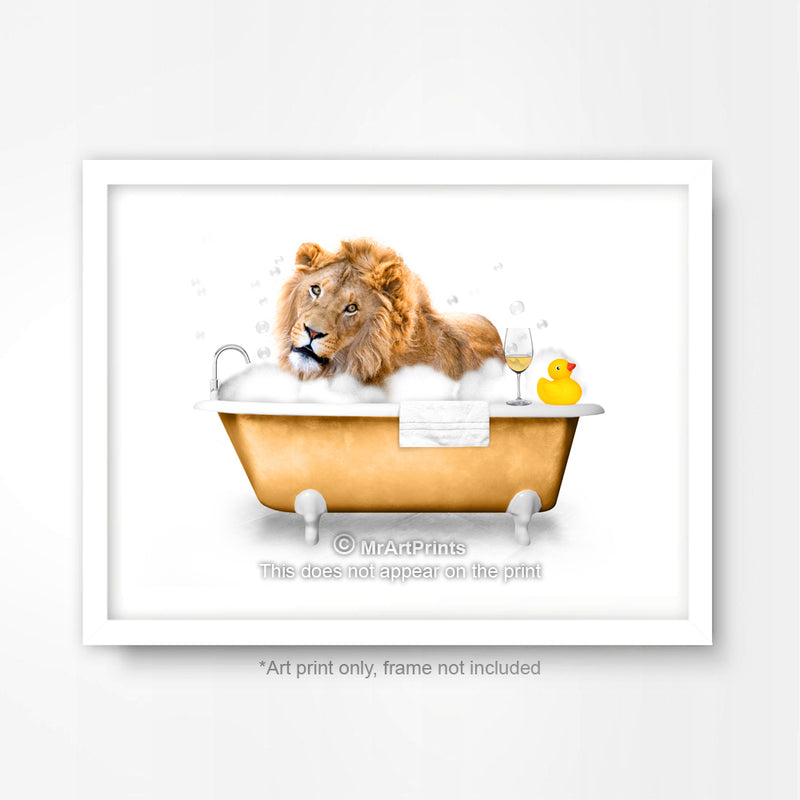 Lion in the Bath Bathroom Animal Art Print Poster