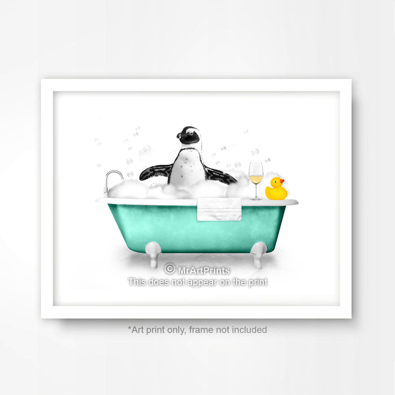 Penguin in the Bath Bathroom Animal Art Print Poster