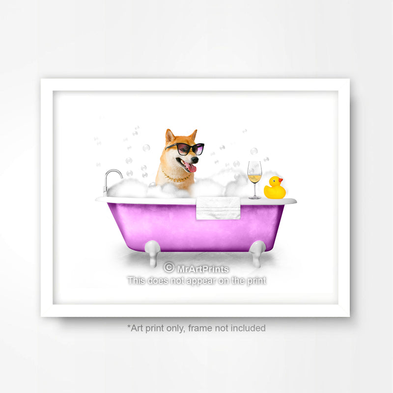 Pink Shiba Inu Dog in the Bath Bathroom Animal Art Print Poster