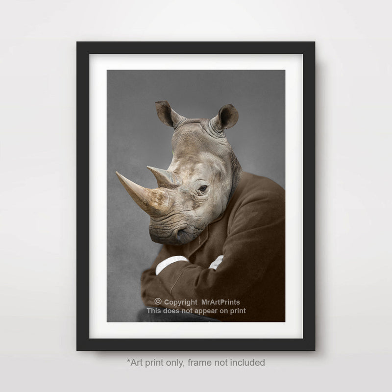 Rhino as a Person Quirky Animal Head Human Body People Portrait Art Print Poster