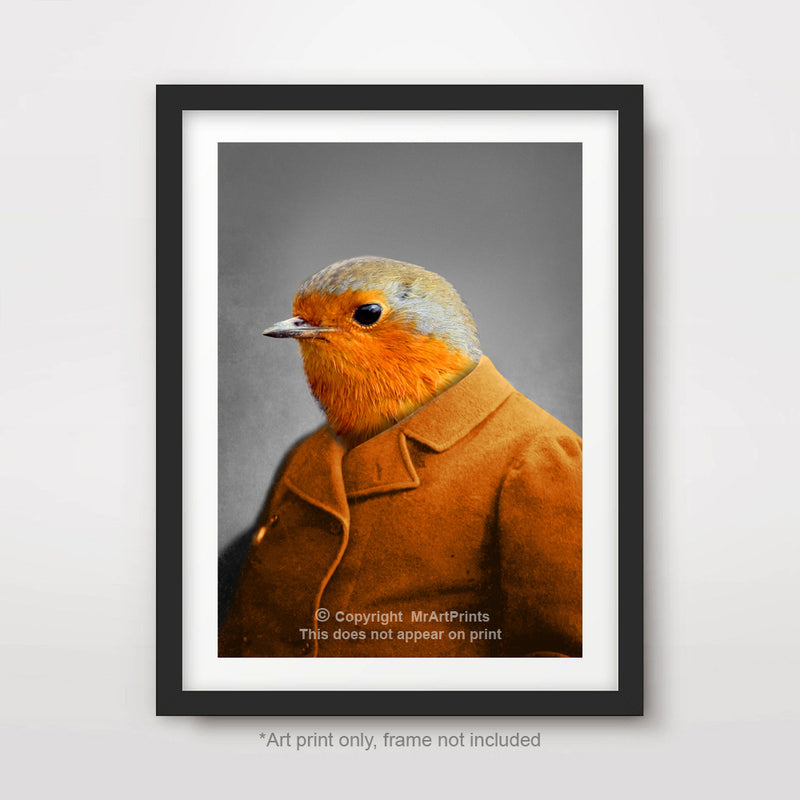 Robin Bird as a Person Quirky Animal Head Human Body People Portrait Art Print Poster