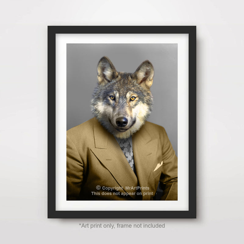 Wolf as a Person Quirky Animal Head Human Body People Portrait Art Print Poster