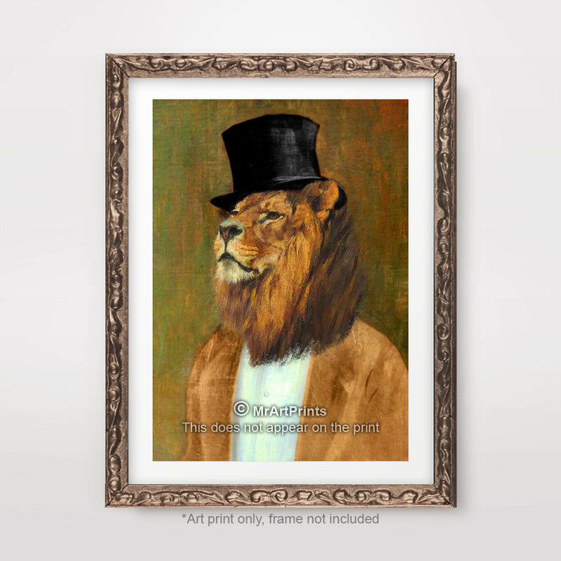 Lion Top Hat Painting as a Person Quirky Animal Head Human Body People Portrait Art Print Poster