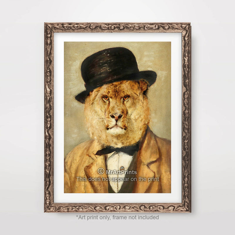 Lion Bowler Hat Painting as a Person Quirky Animal Head Human Body People Portrait Art Print Poster