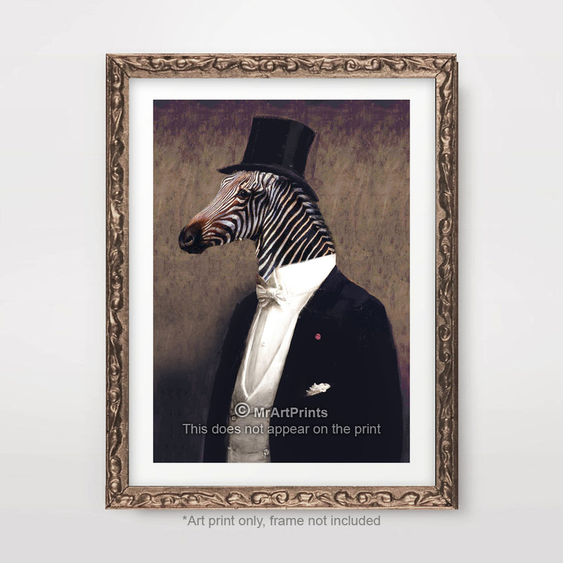 Zebra Top Hat Painting as a Person Quirky Animal Head Human Body People Portrait Art Print Poster