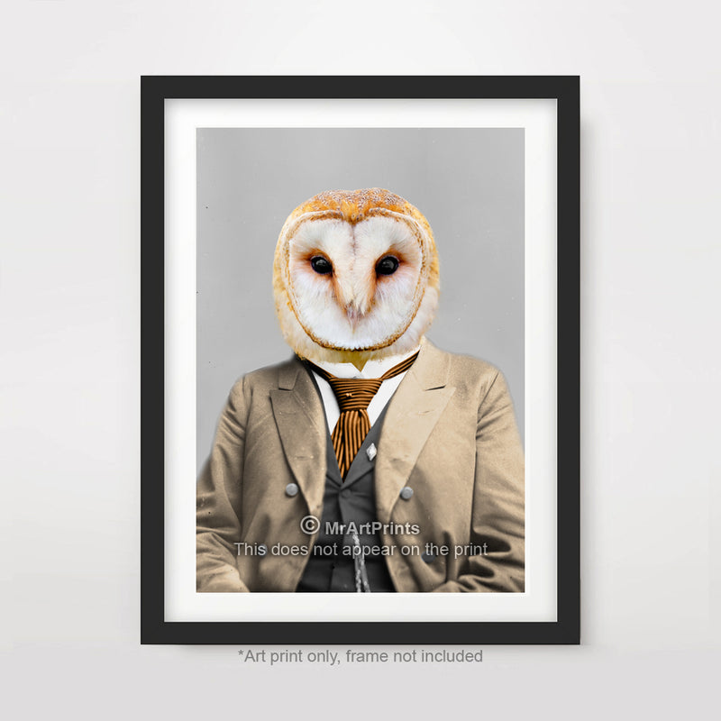 Barn Owl as a Person Quirky Animal Head Human Body People Portrait Art Print Poster