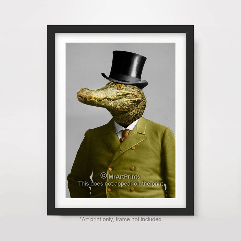 Crocodile Top Hat as a Person Quirky Animal Head Human Body People Portrait Art Print Poster