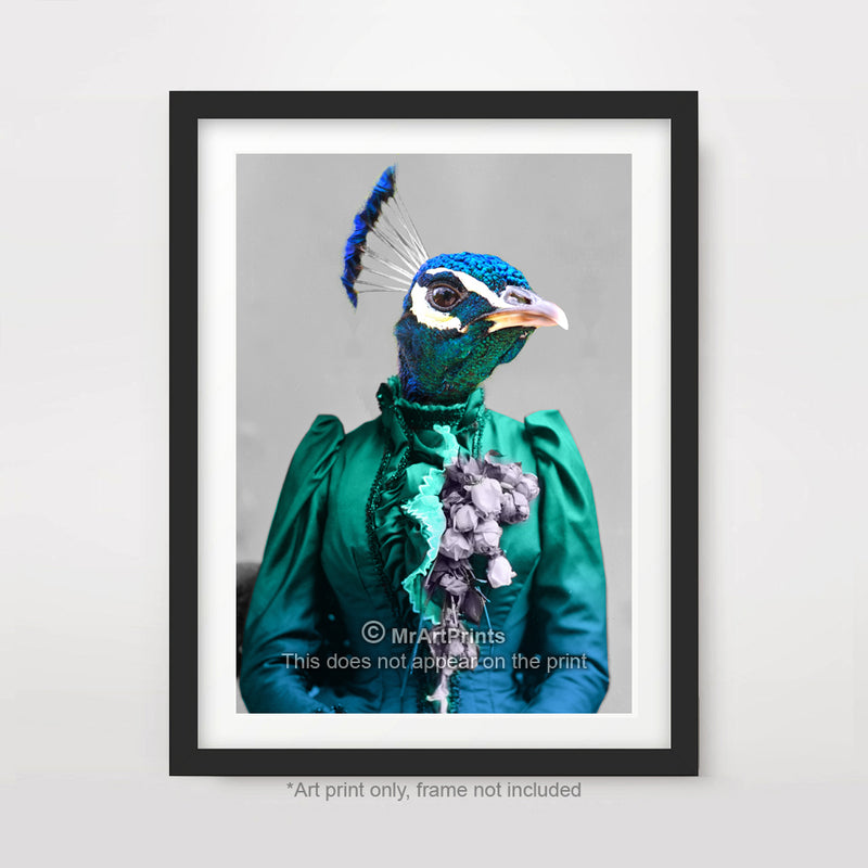 Peacock Bird as a Person Quirky Animal Head Human Body People Portrait Art Print Poster