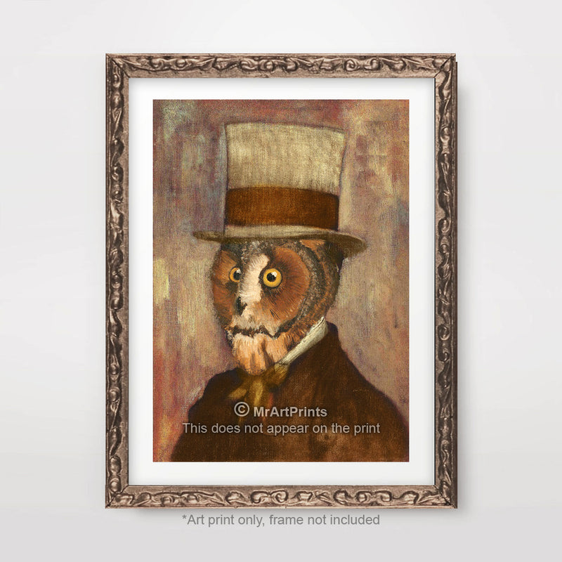 Owl Top Hat Painting as a Person Quirky Animal Head Human Body People Portrait Art Print Poster