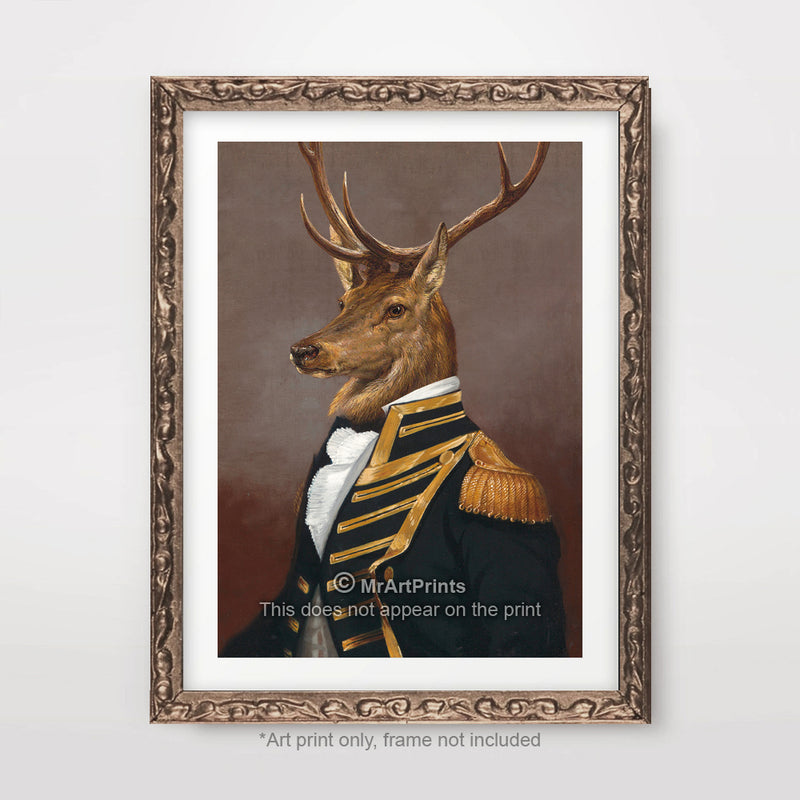 Stag Military Uniform Painting as a Person Quirky Animal Head Human Body People Portrait Art Print Poster
