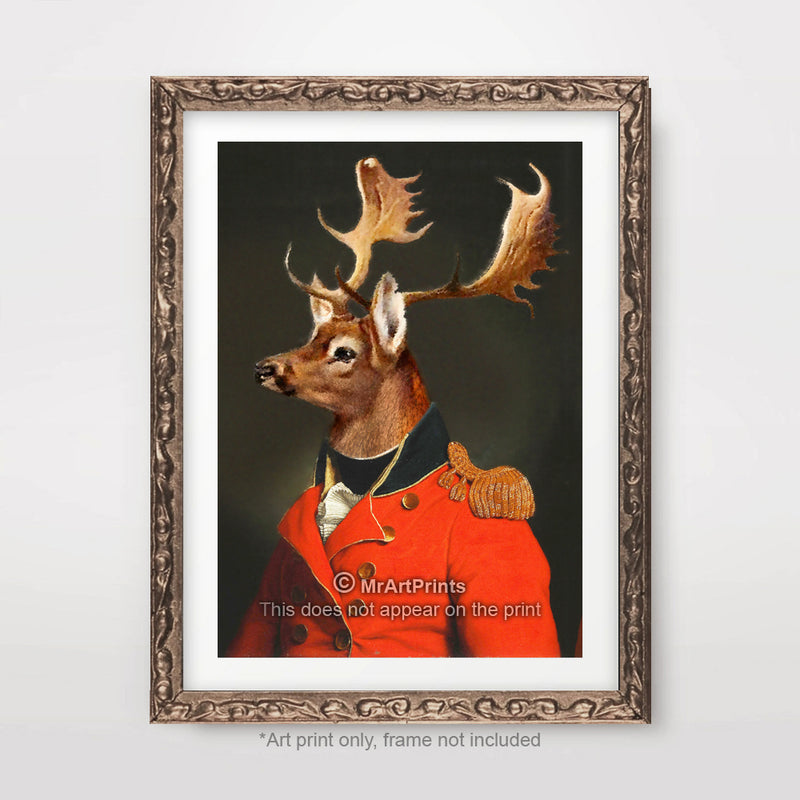 Stag Military Uniform Painting as a Person Quirky Animal Head Human Body People Portrait Art Print Poster