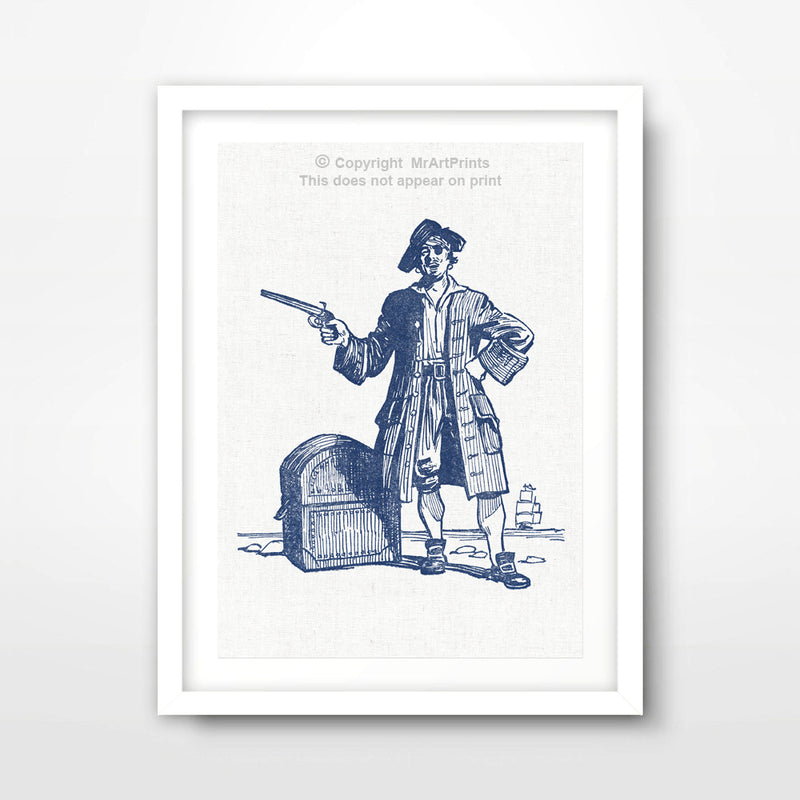 Pirate with Eye Patch and Treasure Chest Nautical Seaside Art Print Poster