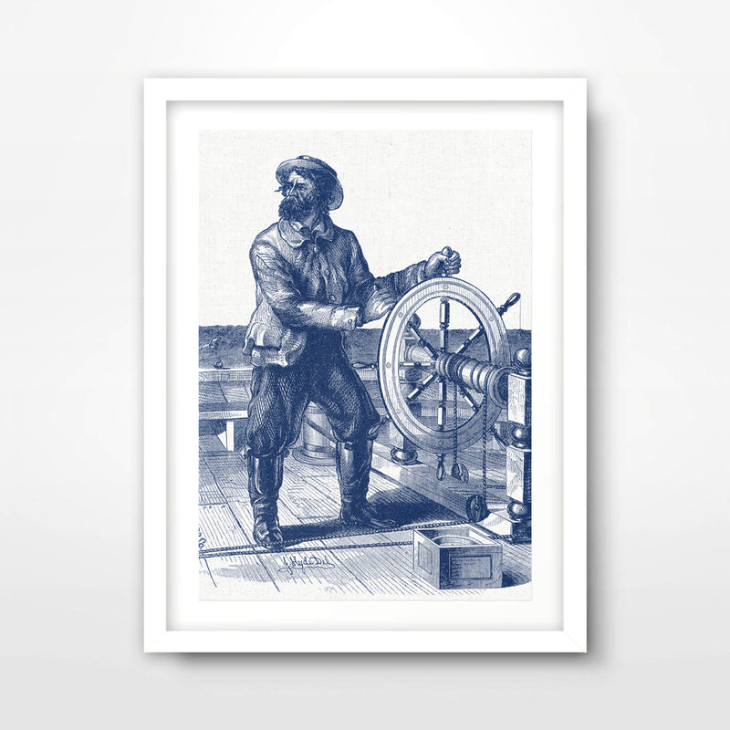 Pirate Sailor at Ship Wheel Nautical Seaside Art Print Poster