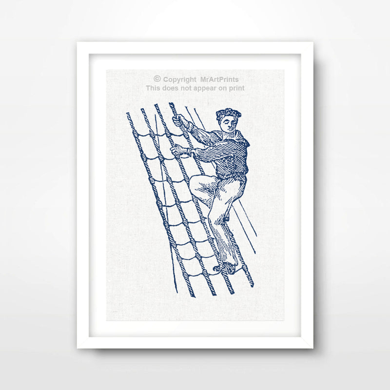 Sailor Climbing the Ship Rigging Nautical Seaside Art Print Poster