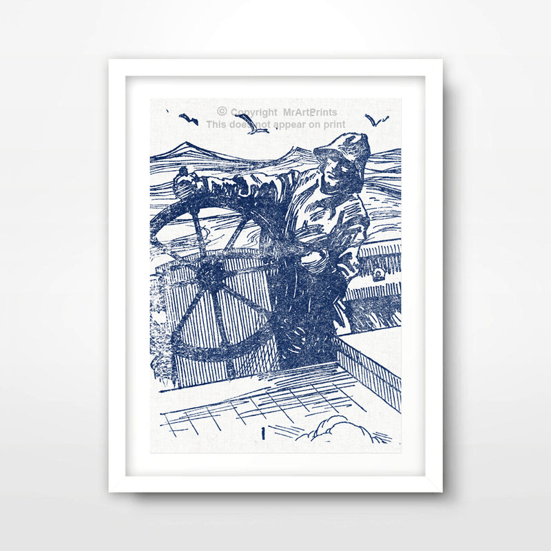 Ship Captain at the Wheel Nautical Seaside Art Print Poster
